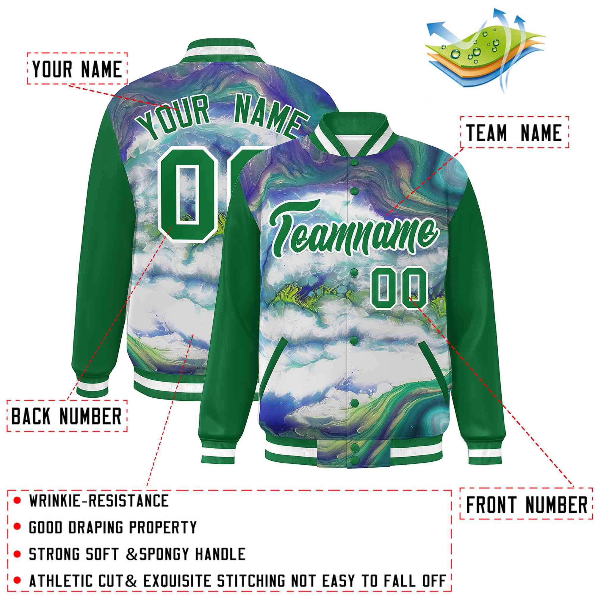 Custom Kelly Green White Tie Dye Ink Paint Varsity Graffiti Pattern Letterman Jacket