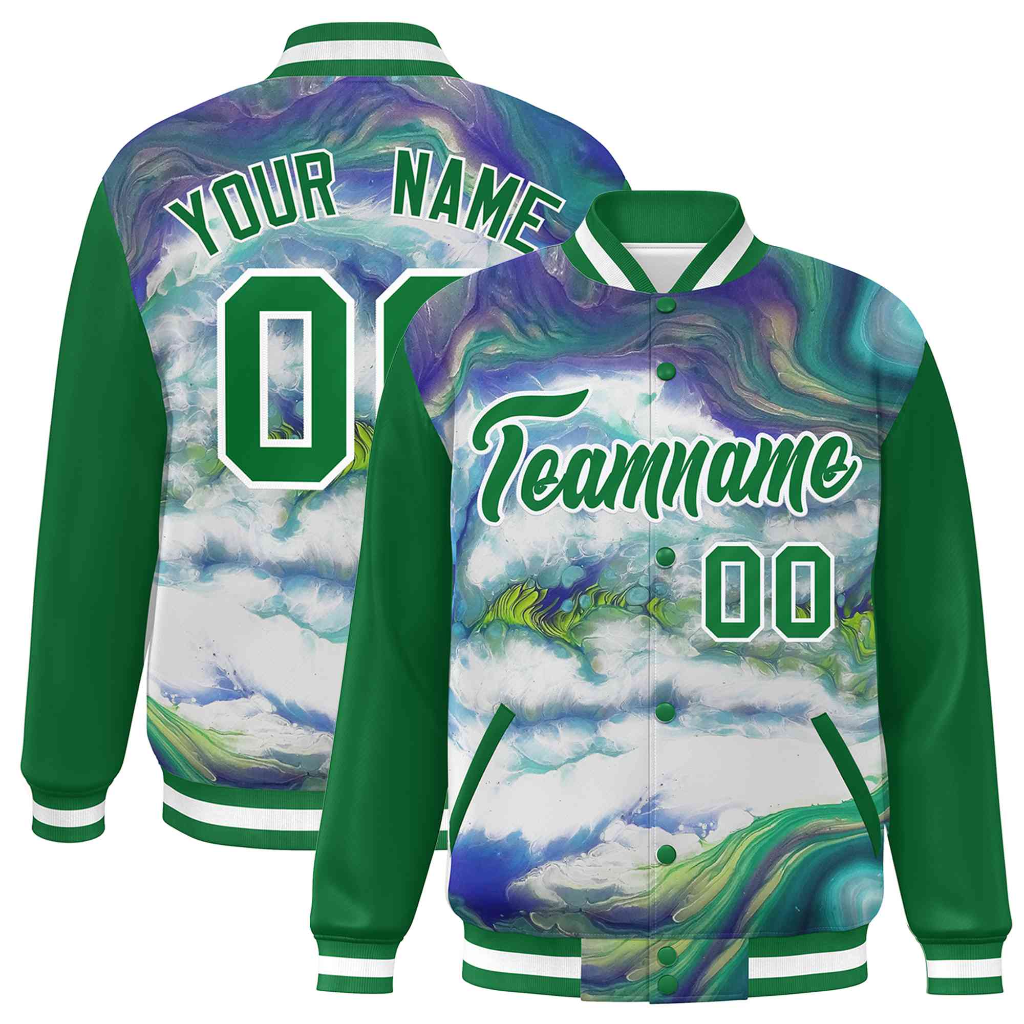 Custom Kelly Green White Tie Dye Ink Paint Varsity Graffiti Pattern Letterman Jacket