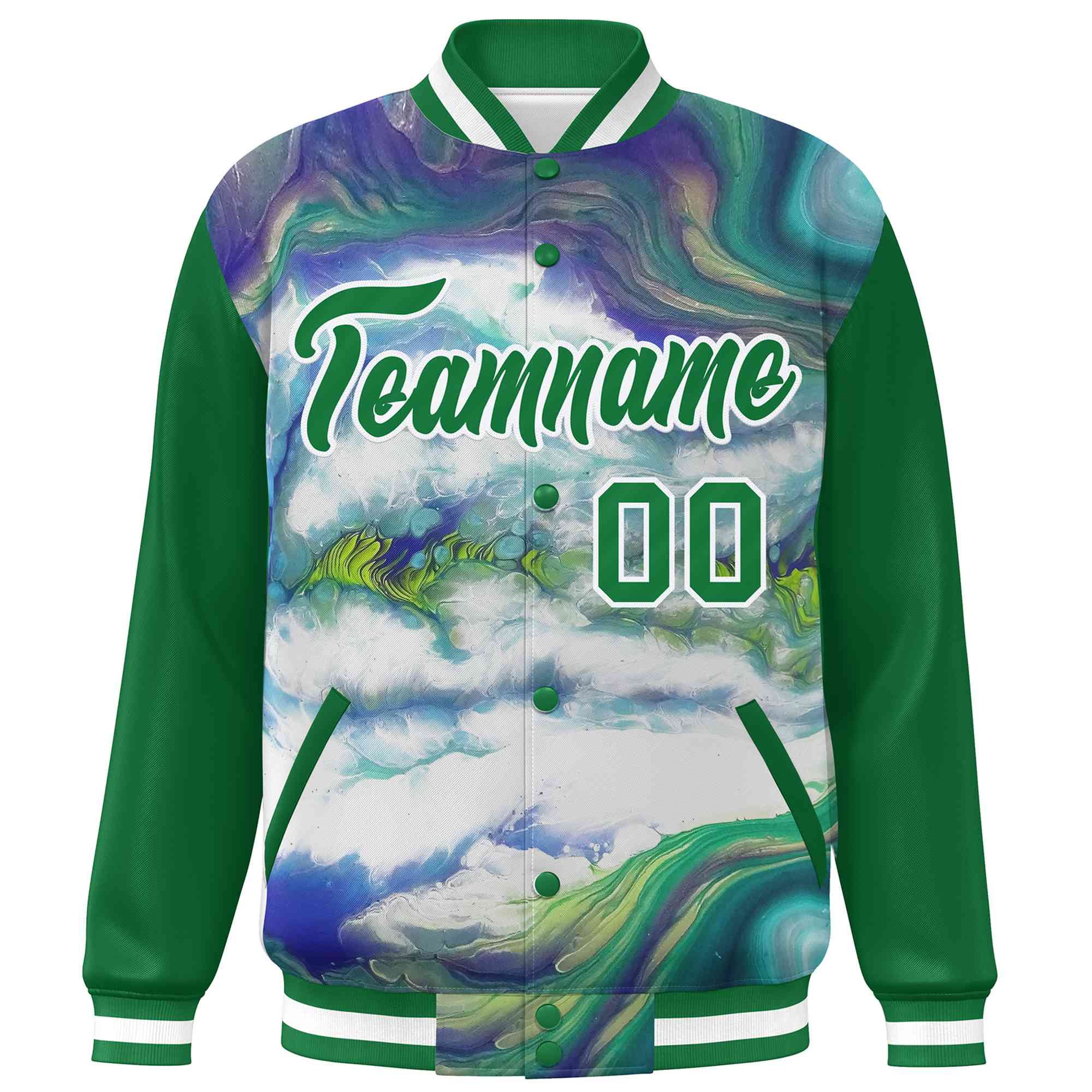 Custom Kelly Green White Tie Dye Ink Paint Varsity Graffiti Pattern Letterman Jacket