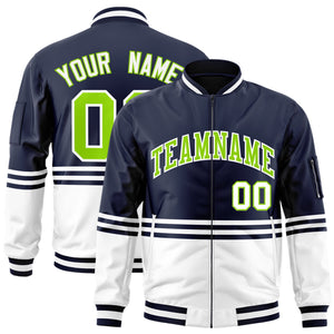 Custom Navy Neon Green-White Varsity Full-Zip Color Block Letterman Bomber Jacket