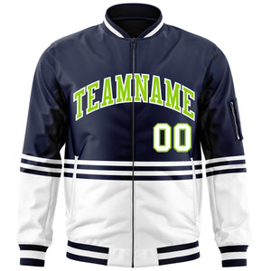 Custom Navy Neon Green-White Varsity Full-Zip Color Block Letterman Bomber Jacket