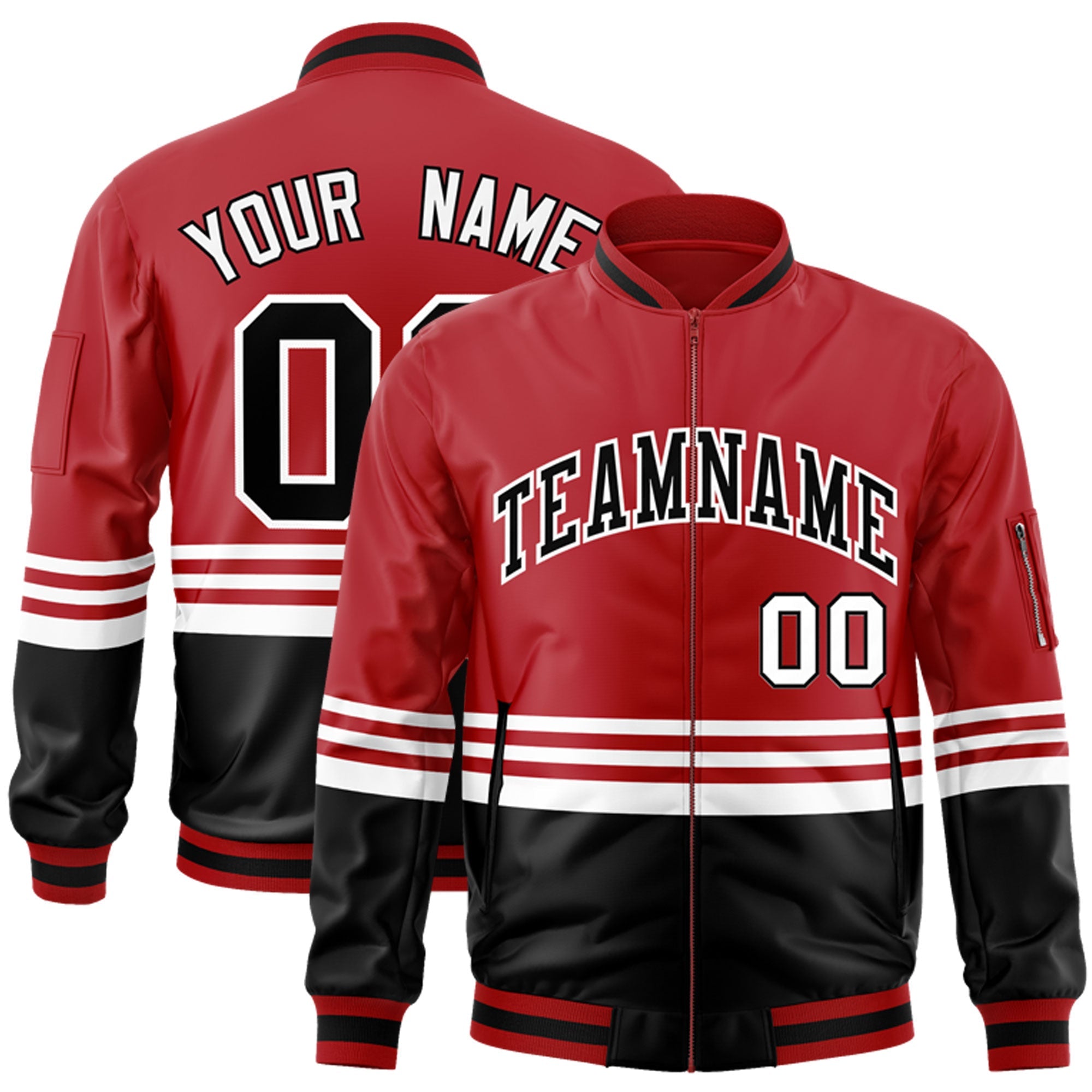 Custom Red Black-White Varsity Full-Zip Color Block Letterman Bomber Jacket