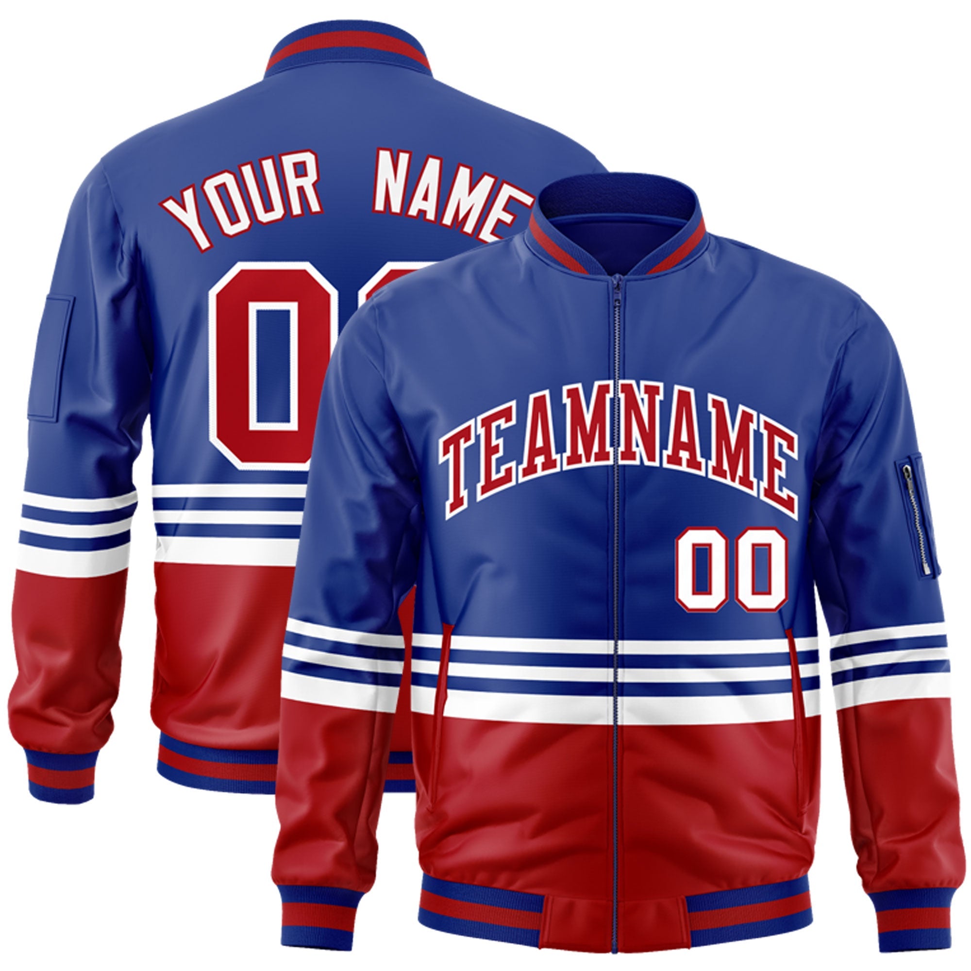 Custom Royal Red-White Varsity Full-Zip Color Block Letterman Bomber Jacket