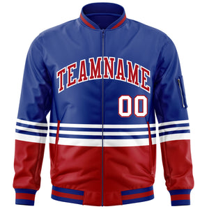 Custom Royal Red-White Varsity Full-Zip Color Block Letterman Bomber Jacket