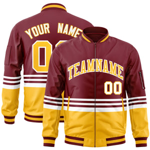 Custom Crimson Gold-White Varsity Full-Zip Color Block Letterman Bomber Jacket