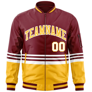 Custom Crimson Gold-White Varsity Full-Zip Color Block Letterman Bomber Jacket