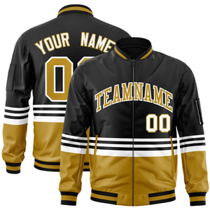 Custom Black Old Gold-White Varsity Full-Zip Color Block Letterman Bomber Jacket