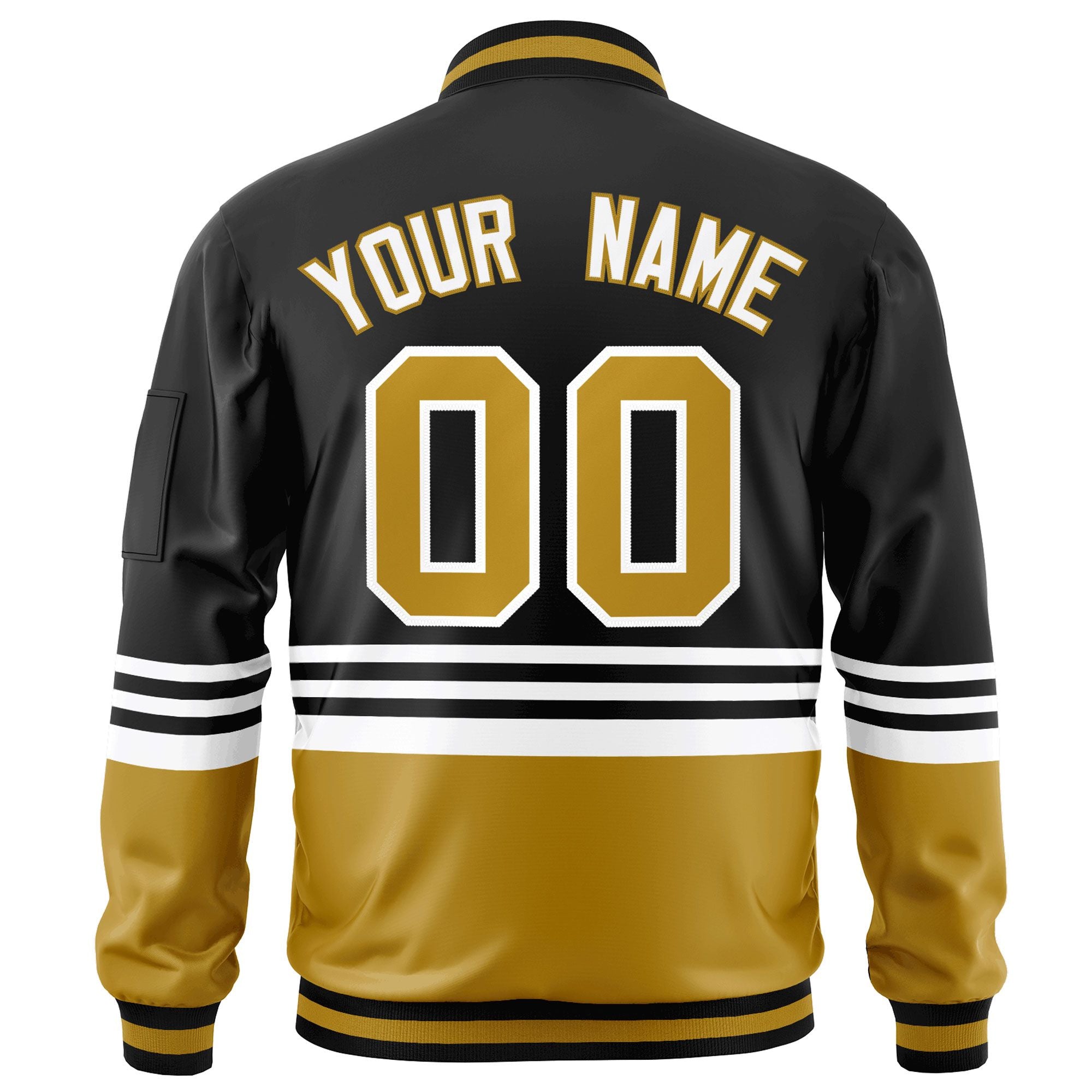 Custom Black Old Gold-White Varsity Full-Zip Color Block Letterman Bomber Jacket