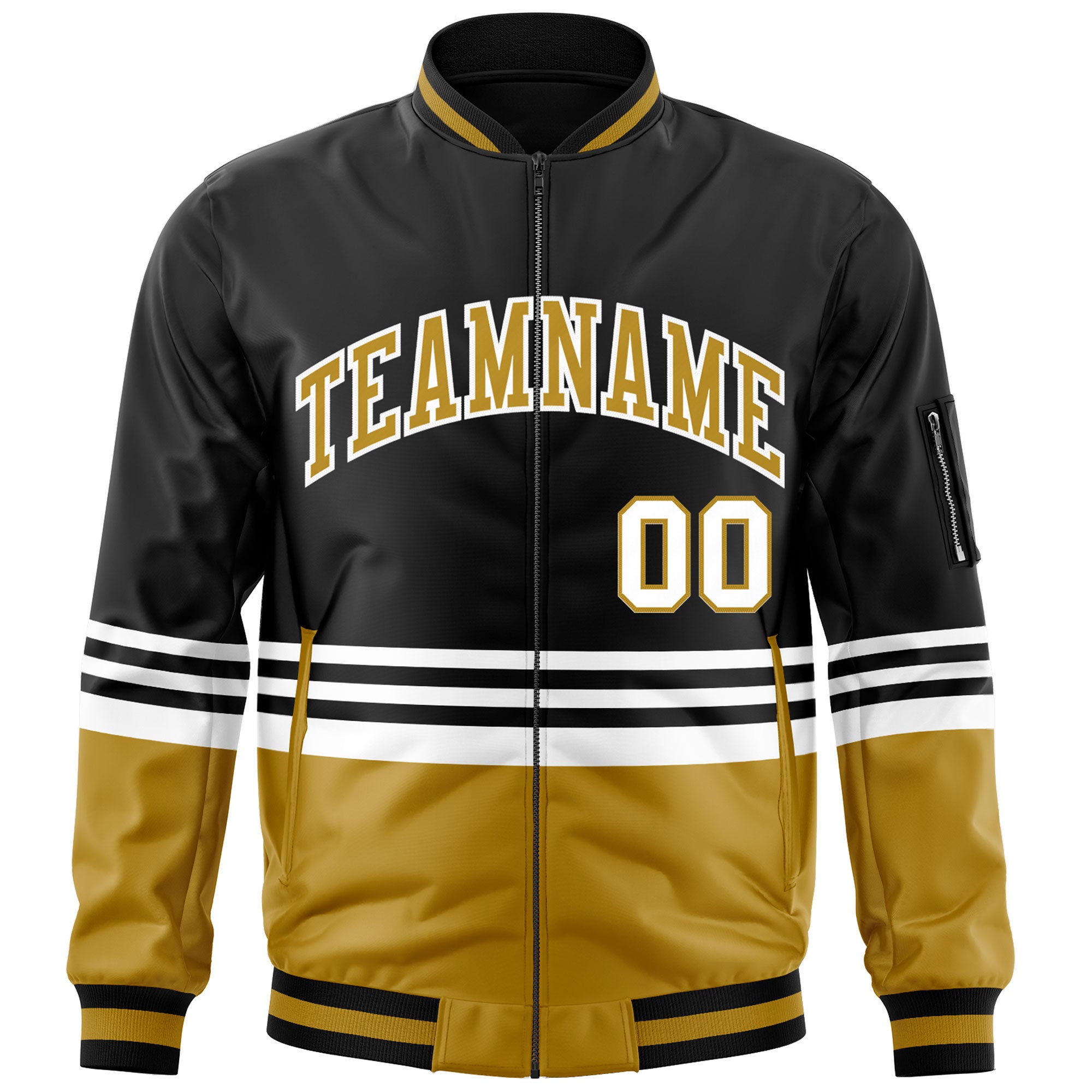 Custom Black Old Gold-White Varsity Full-Zip Color Block Letterman Bomber Jacket