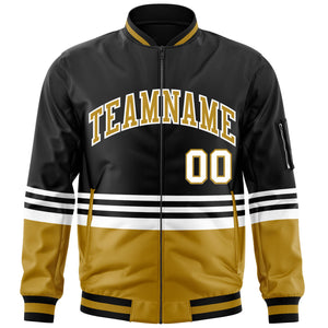 Custom Black Old Gold-White Varsity Full-Zip Color Block Letterman Bomber Jacket