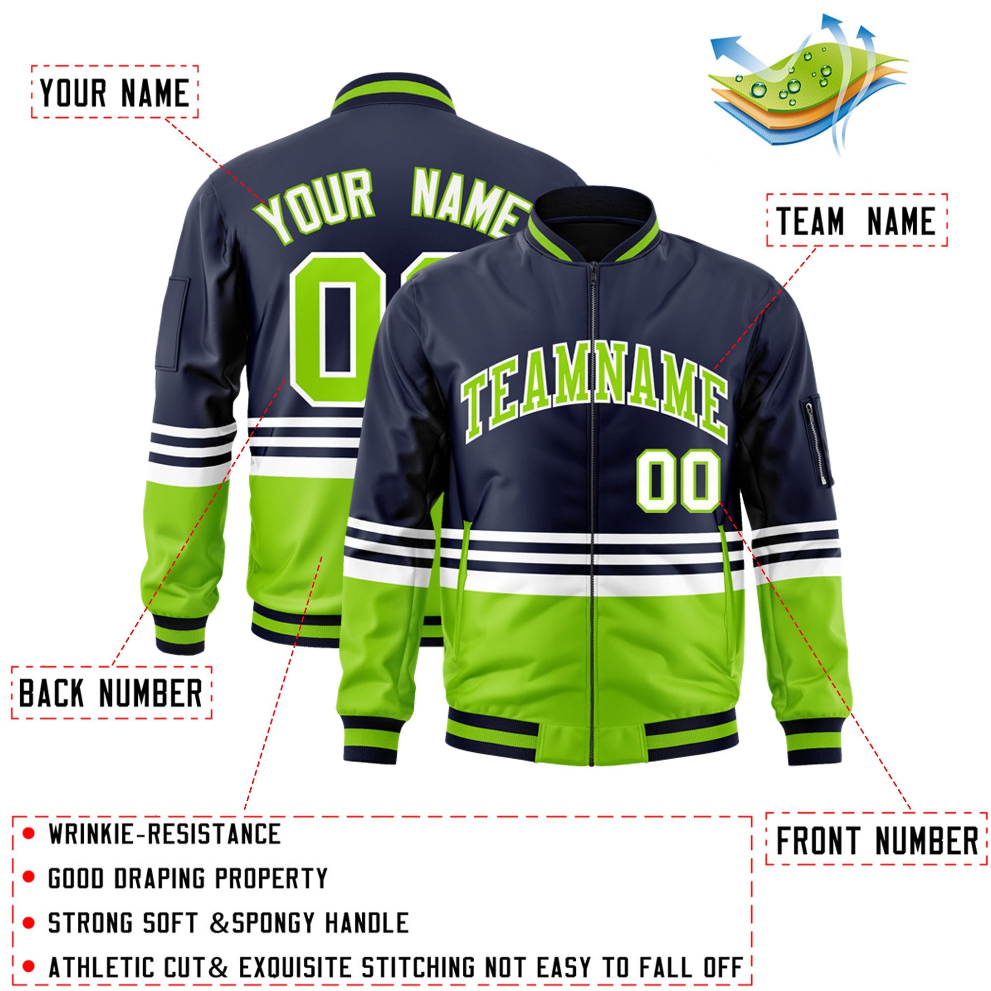 Custom Navy Neon Green-White Varsity Full-Zip Color Block Letterman Bomber Jacket