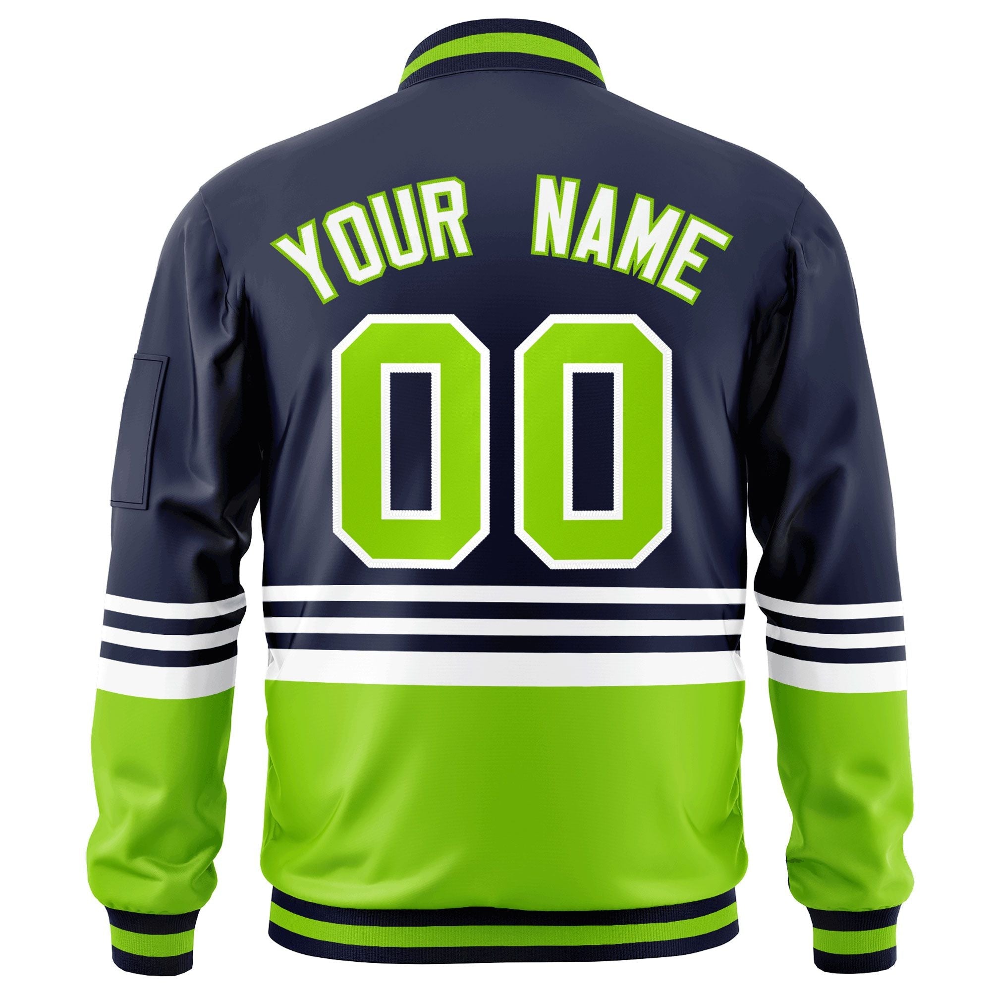 Custom Navy Neon Green-White Varsity Full-Zip Color Block Letterman Bomber Jacket