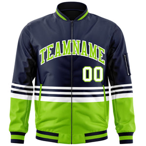 Custom Navy Neon Green-White Varsity Full-Zip Color Block Letterman Bomber Jacket