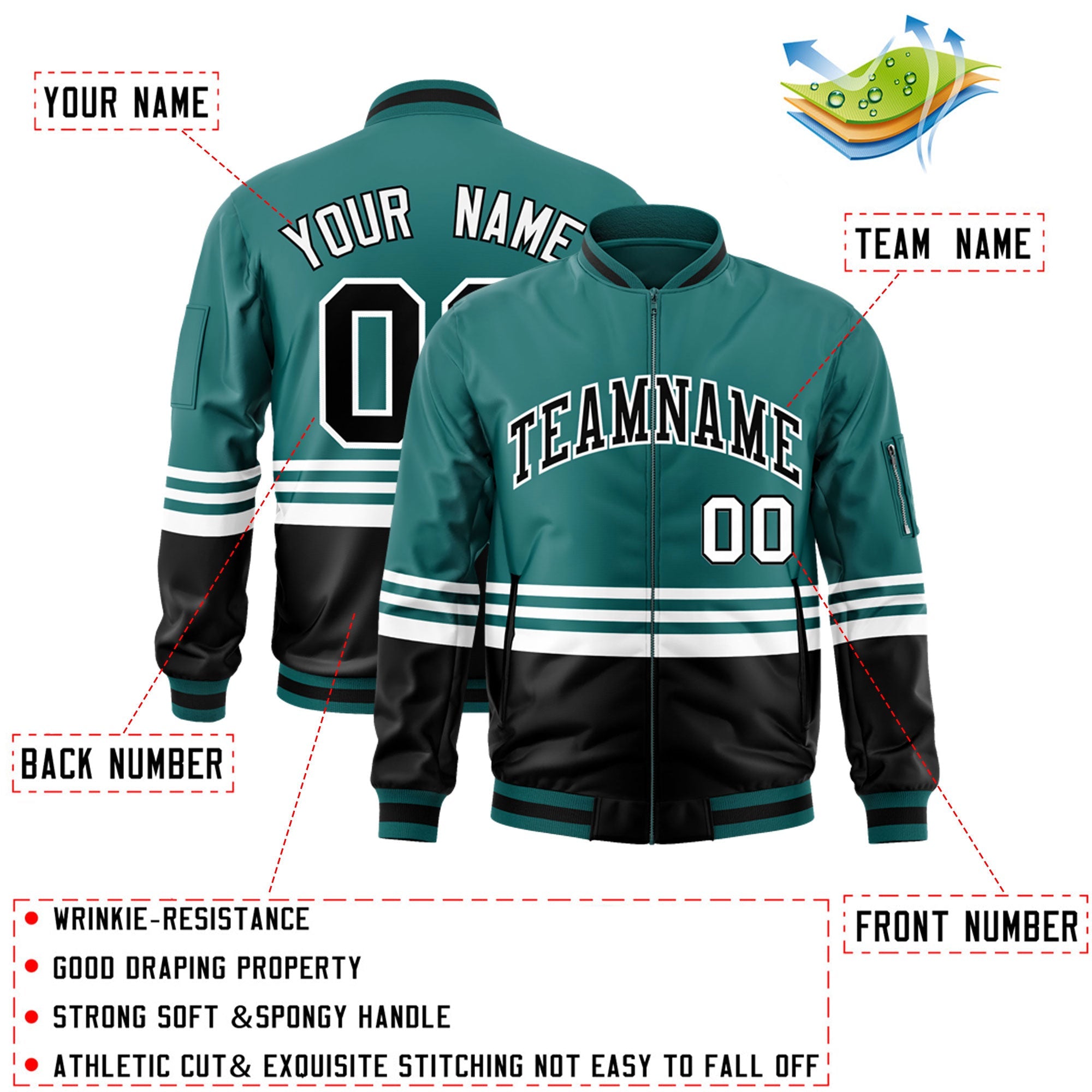 Custom Aqua Black-White Varsity Full-Zip Color Block Letterman Bomber Jacket