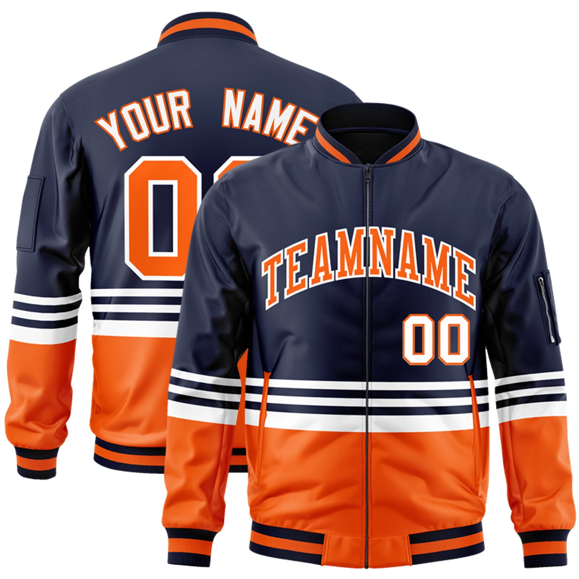 Custom Navy Orange-White Varsity Full-Zip Color Block Letterman Bomber Jacket