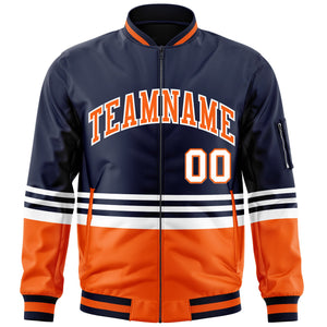 Custom Navy Orange-White Varsity Full-Zip Color Block Letterman Bomber Jacket