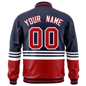 Custom Navy Red-White Varsity Full-Zip Color Block Letterman Bomber Jacket