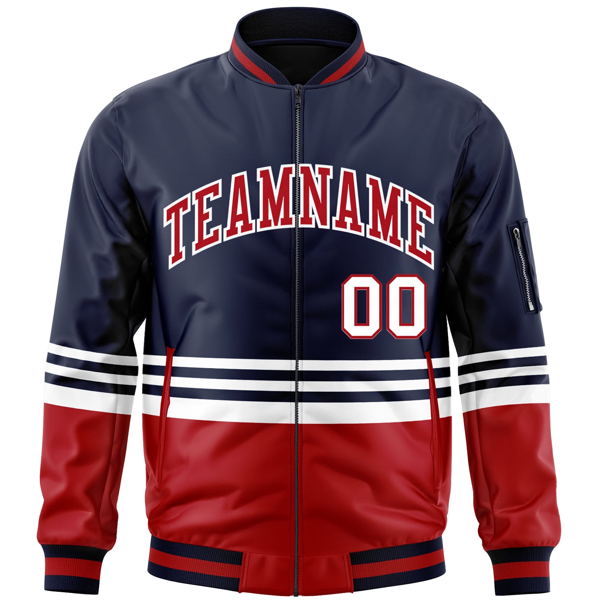 Custom Navy Red-White Varsity Full-Zip Color Block Letterman Bomber Jacket