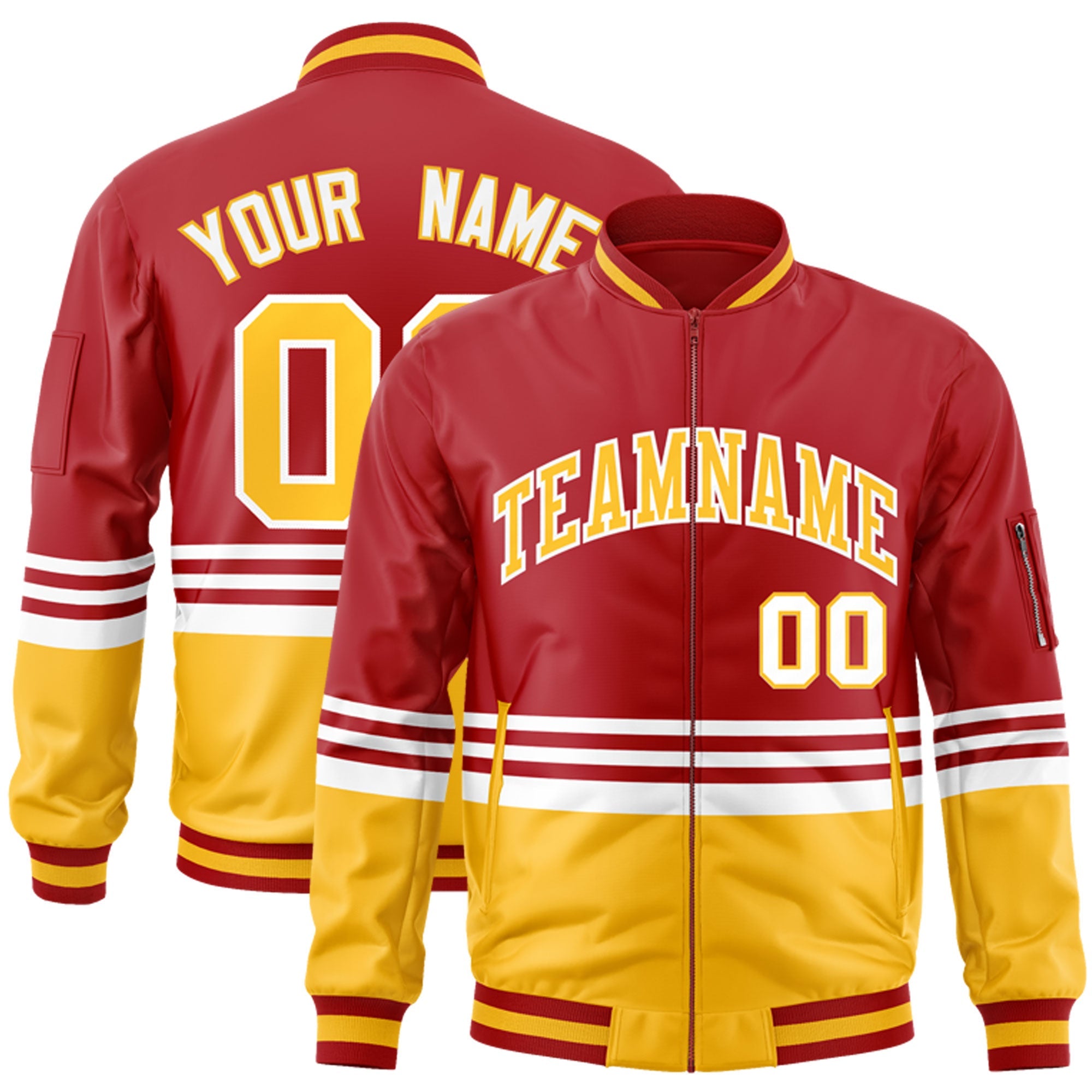 Custom Red Gold-White Varsity Full-Zip Color Block Letterman Bomber Jacket