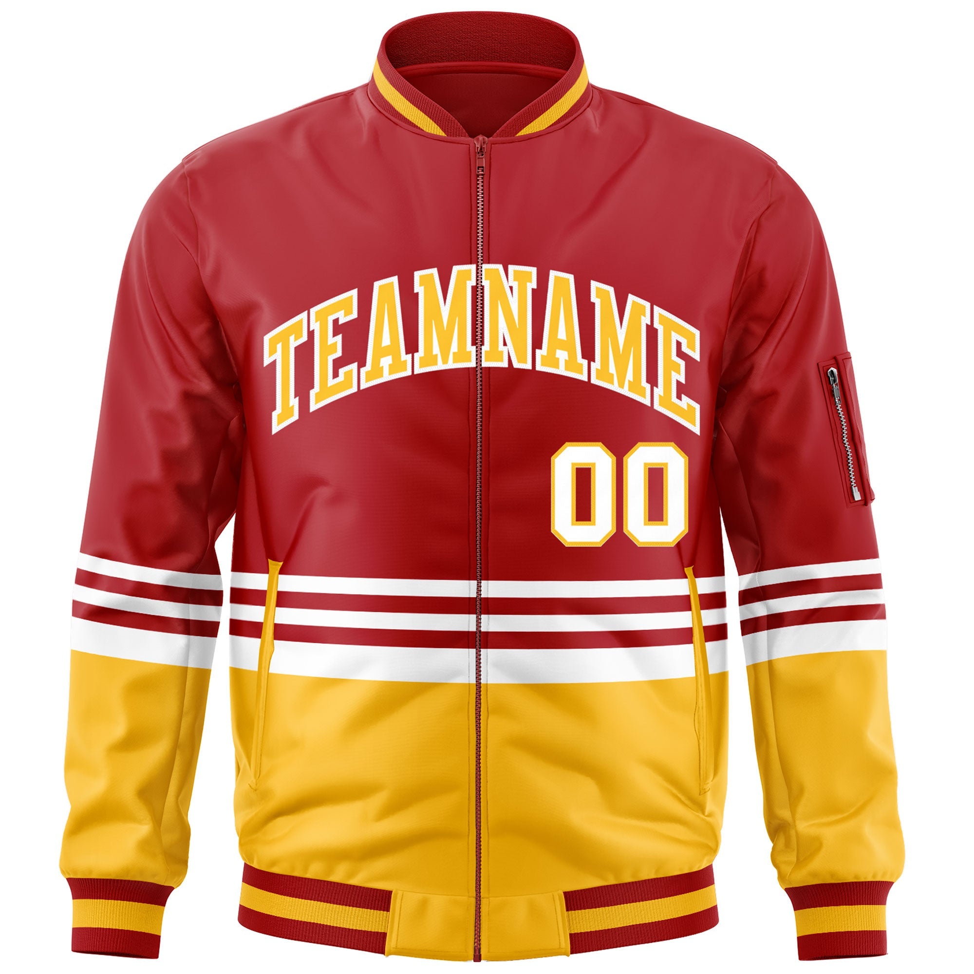 Custom Red Gold-White Varsity Full-Zip Color Block Letterman Bomber Jacket