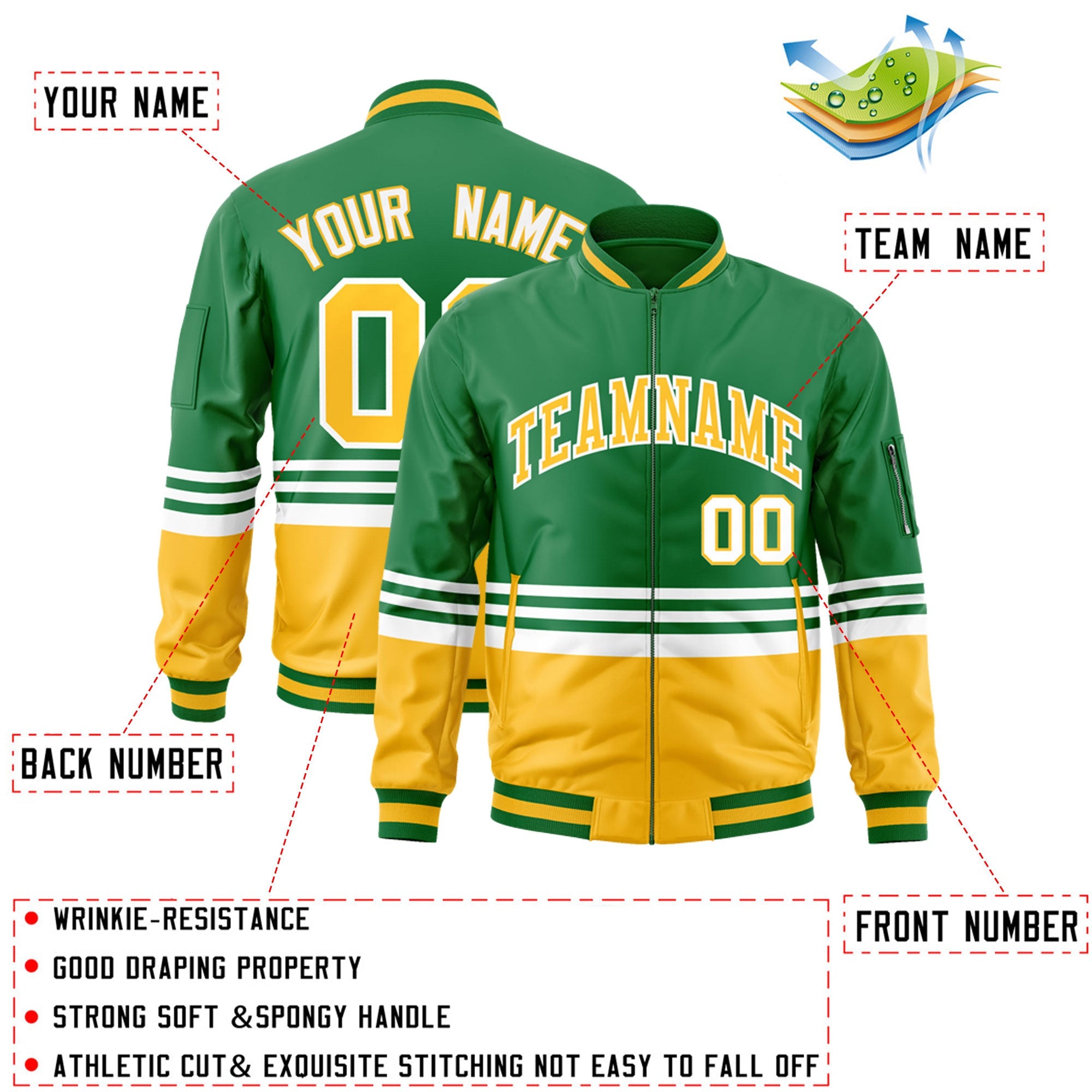 Custom Kelly Green Gold-White Varsity Full-Zip Color Block Letterman Bomber Jacket