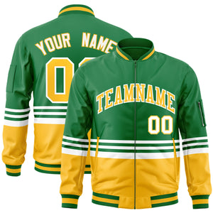 Custom Kelly Green Gold-White Varsity Full-Zip Color Block Letterman Bomber Jacket