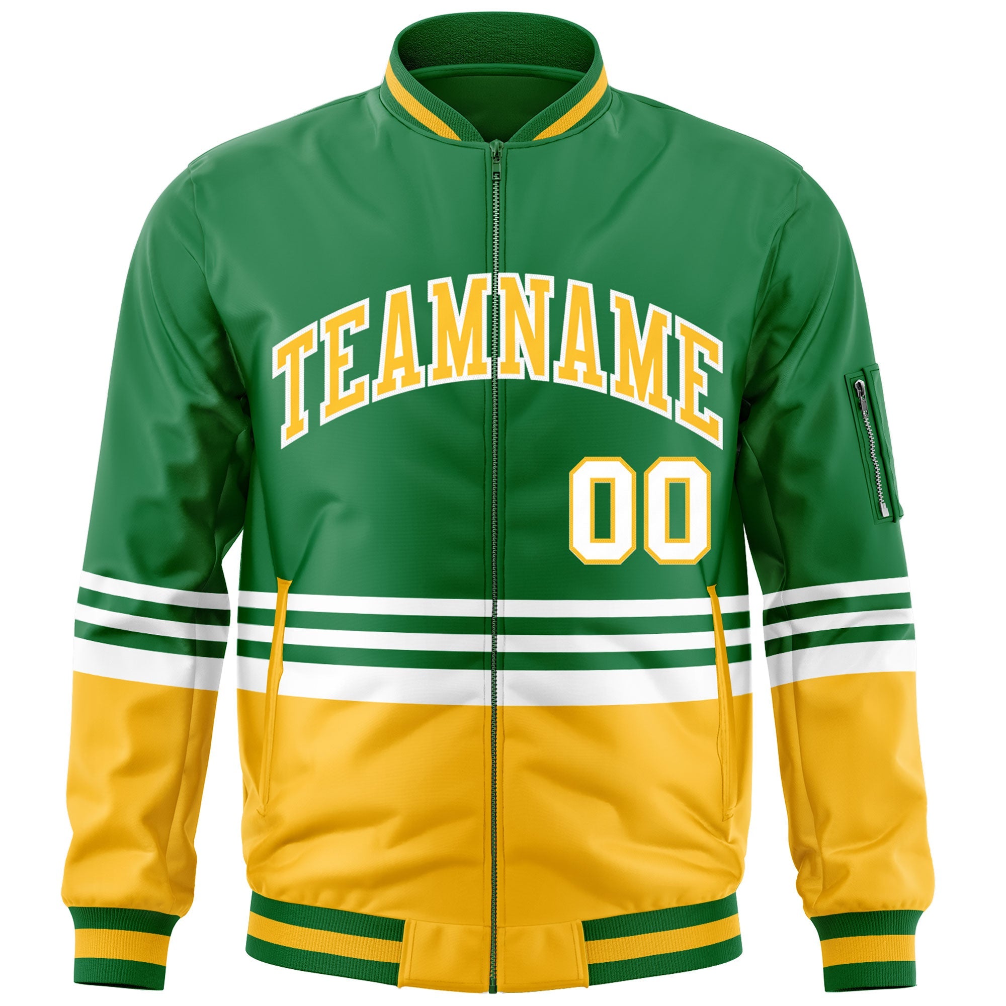 Custom Kelly Green Gold-White Varsity Full-Zip Color Block Letterman Bomber Jacket