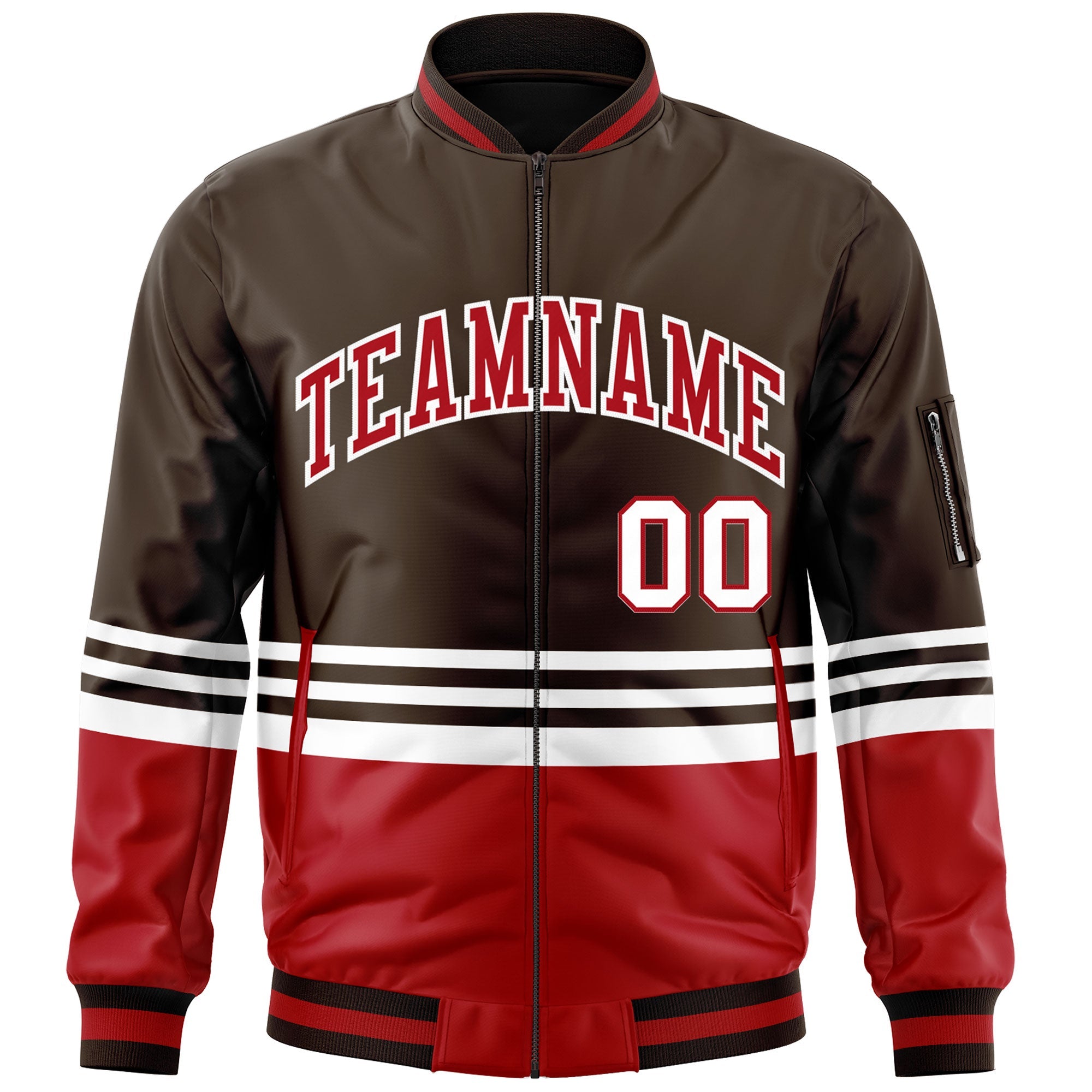 Custom Brown Red-White Varsity Full-Zip Color Block Letterman Bomber Jacket