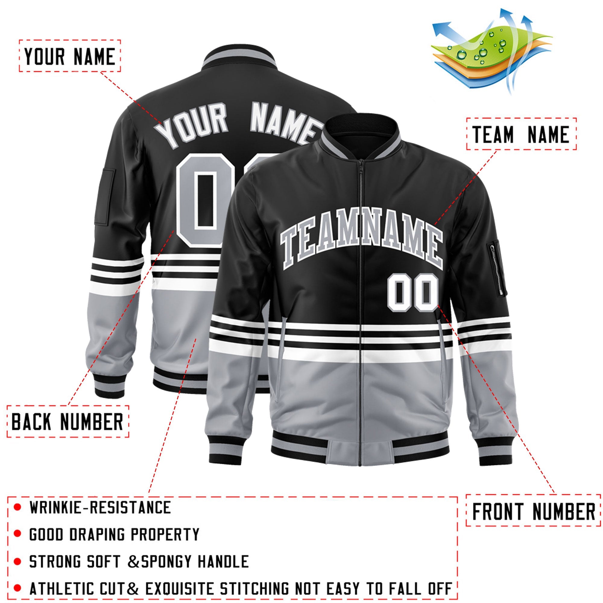 Custom Black Gray-White Varsity Full-Zip Color Block Letterman Bomber Jacket