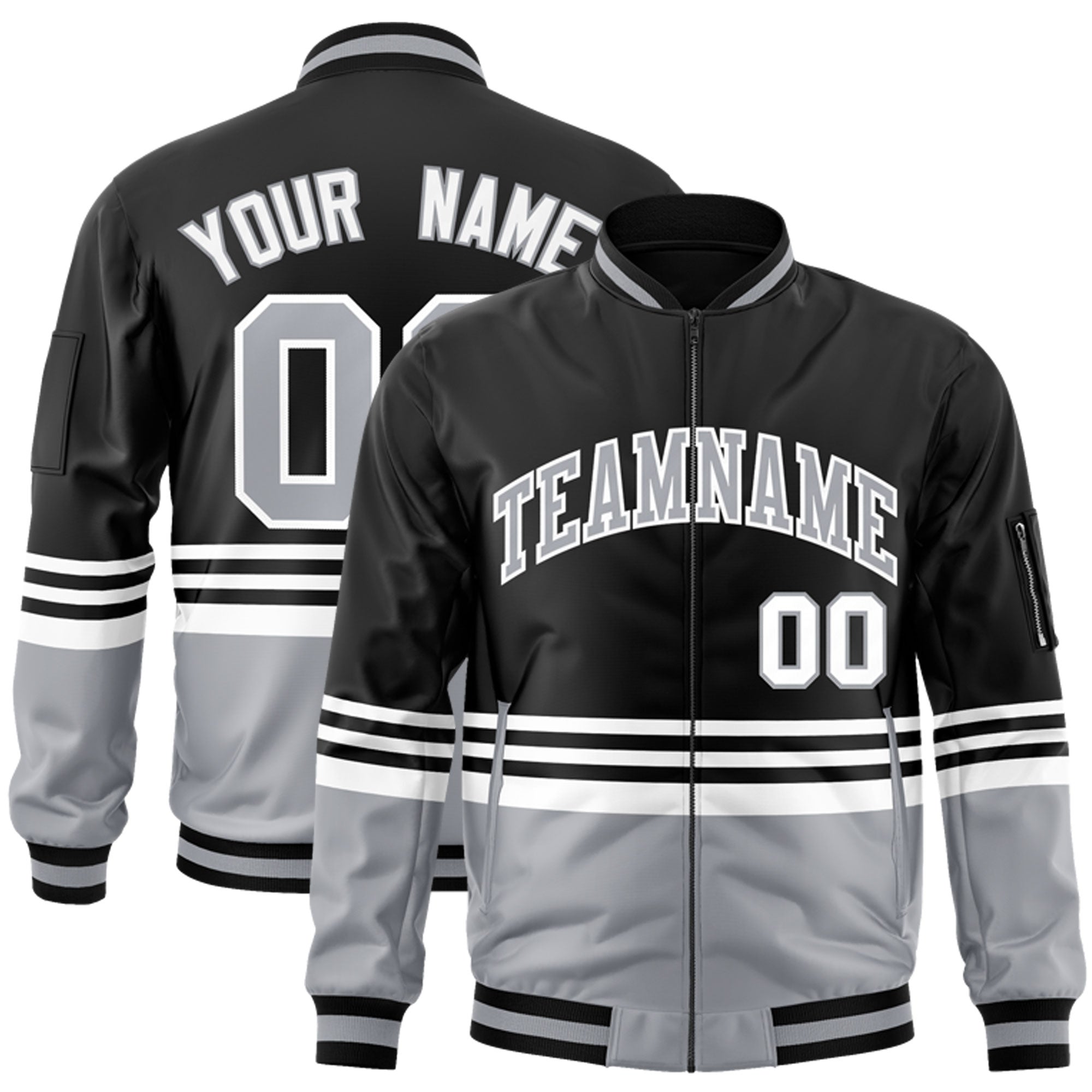 Custom Black Gray-White Varsity Full-Zip Color Block Letterman Bomber Jacket