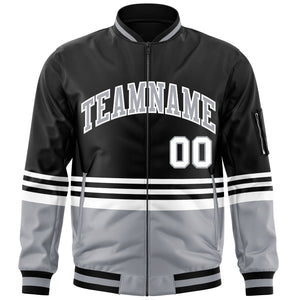 Custom Black Gray-White Varsity Full-Zip Color Block Letterman Bomber Jacket