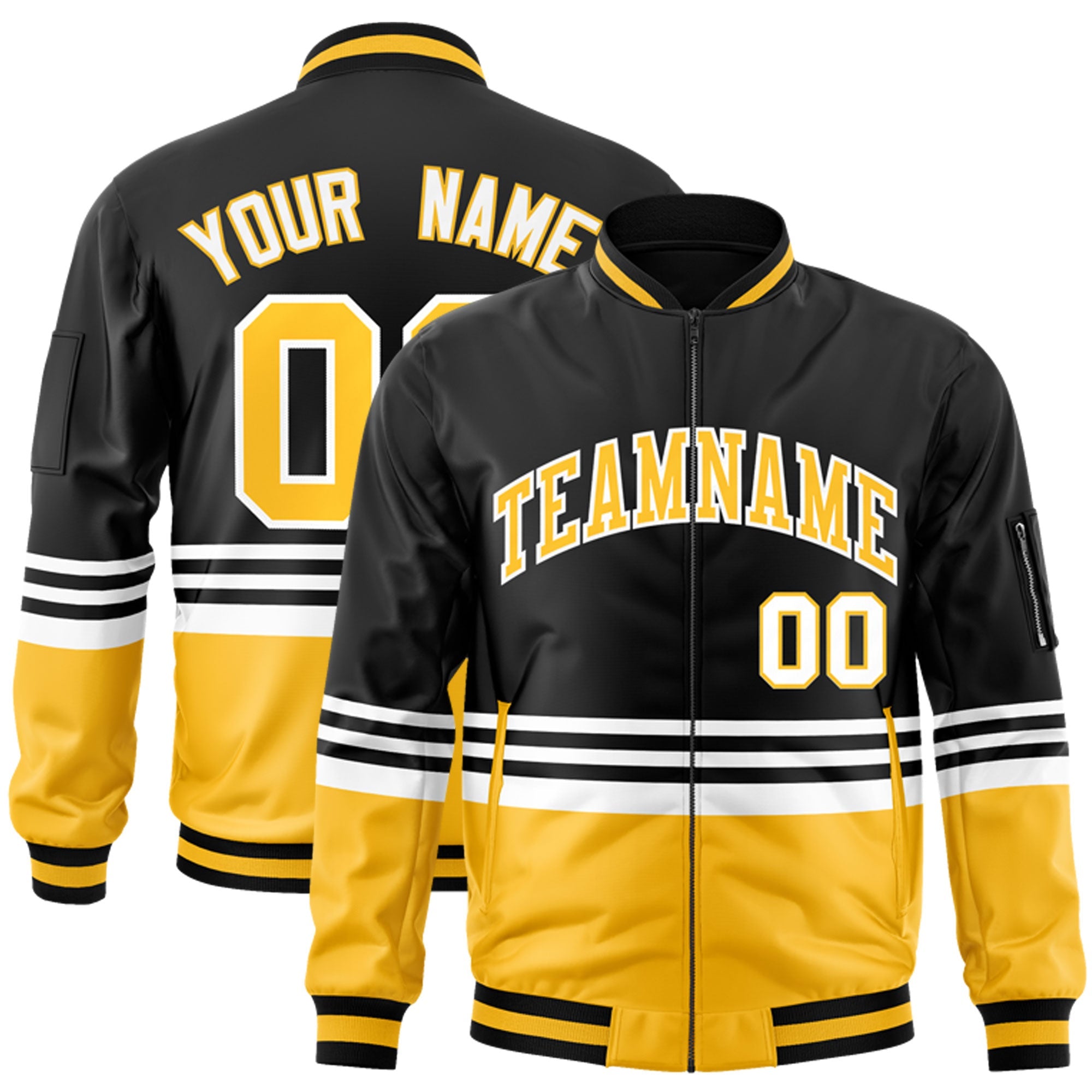 Custom Black Gold-White Varsity Full-Zip Color Block Letterman Bomber Jacket