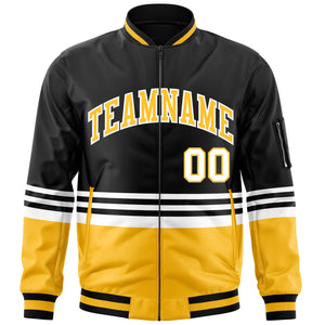 Custom Black Gold-White Varsity Full-Zip Color Block Letterman Bomber Jacket