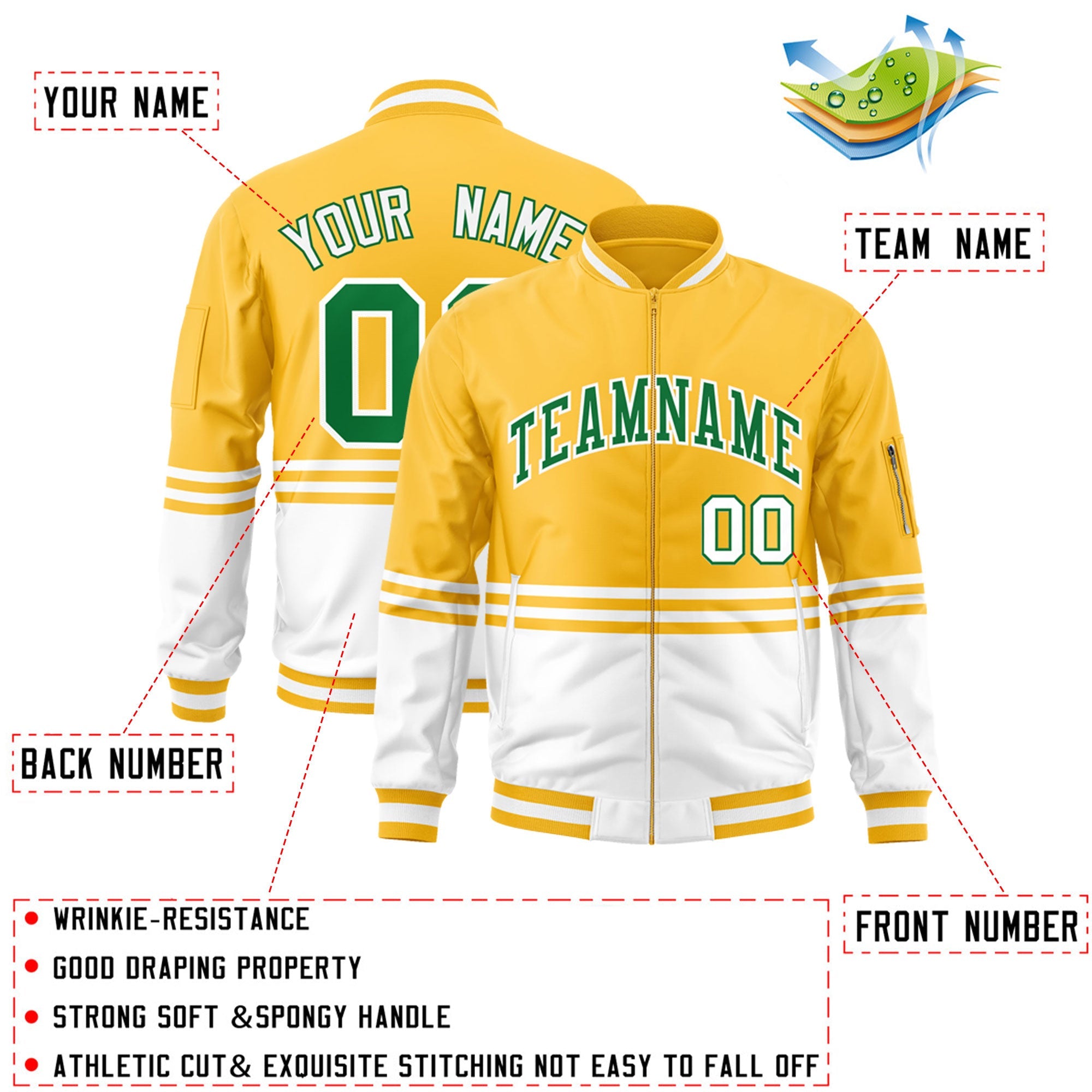 Custom Gold Kelly Green-White Varsity Full-Zip Color Block Letterman Bomber Jacket