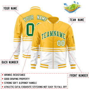 Custom Gold Kelly Green-White Varsity Full-Zip Color Block Letterman Bomber Jacket