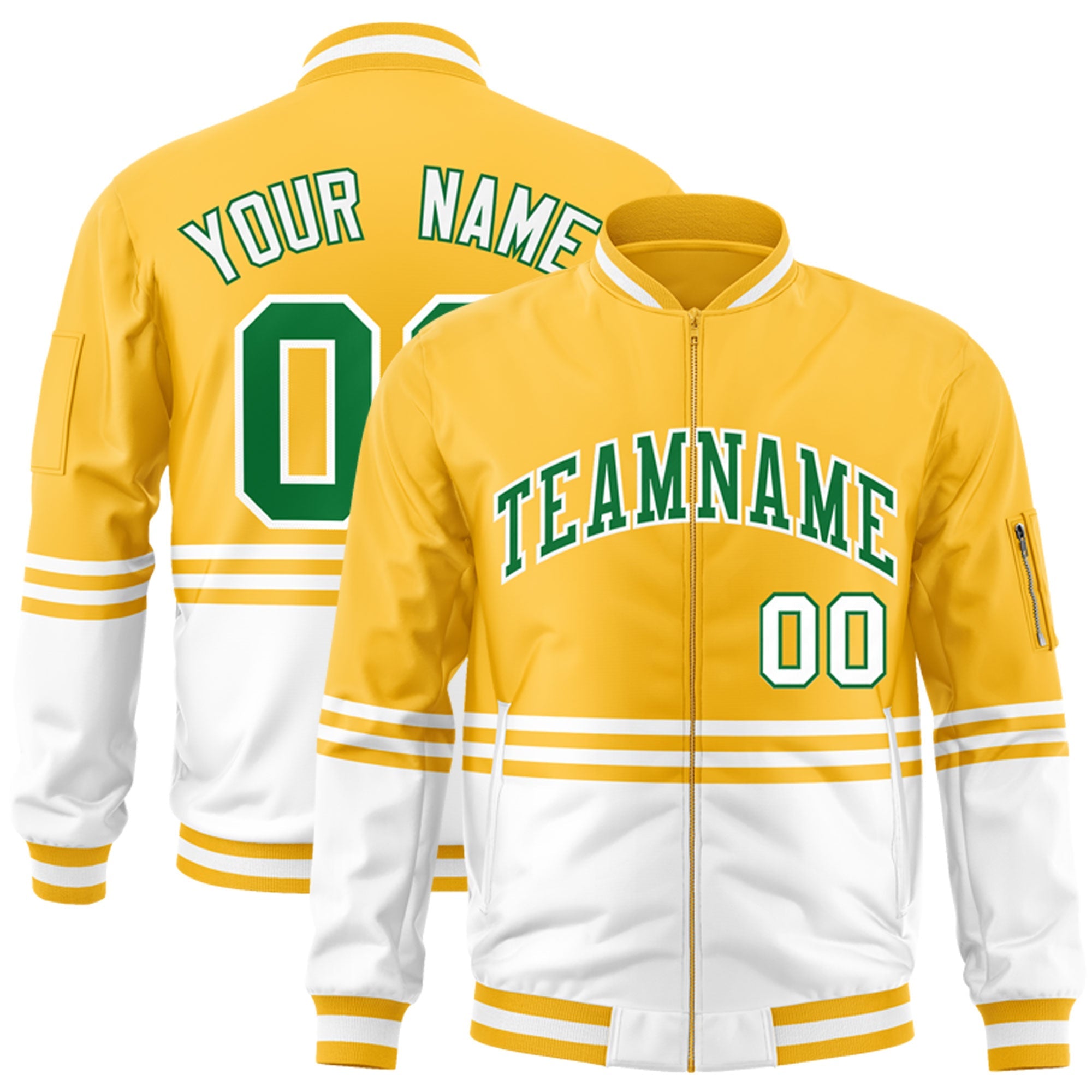 Custom Gold Kelly Green-White Varsity Full-Zip Color Block Letterman Bomber Jacket