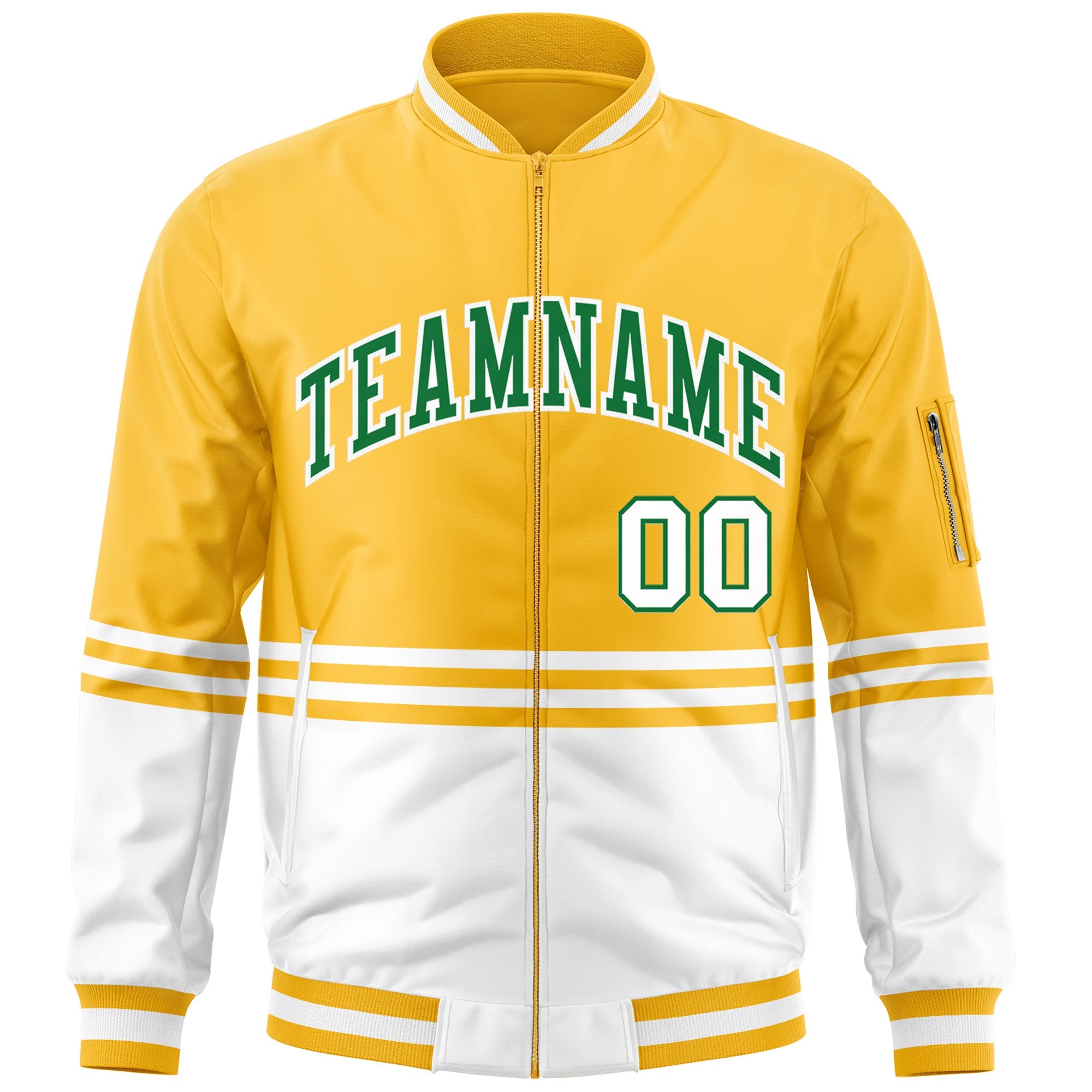 Custom Gold Kelly Green-White Varsity Full-Zip Color Block Letterman Bomber Jacket