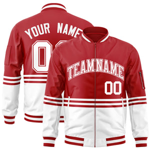 Custom Red White-Red Varsity Full-Zip Color Block Letterman Bomber Jacket