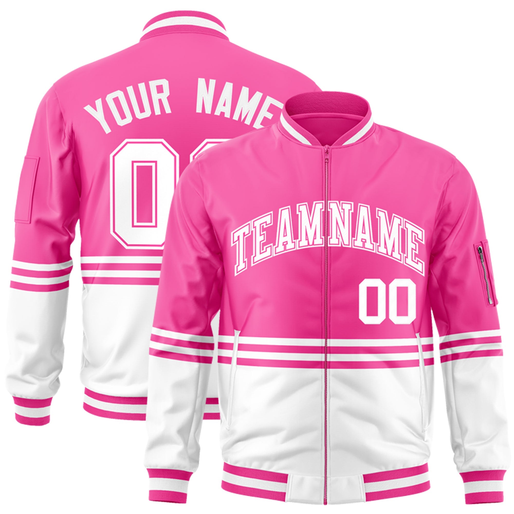 Custom Pink White-Pink Varsity Full-Zip Color Block Letterman Bomber Jacket