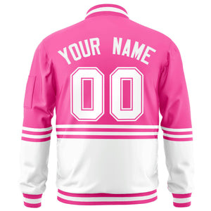 Custom Pink White-Pink Varsity Full-Zip Color Block Letterman Bomber Jacket