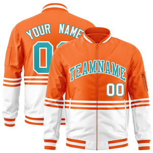 Custom Orange Aqua-White Varsity Full-Zip Color Block Letterman Bomber Jacket