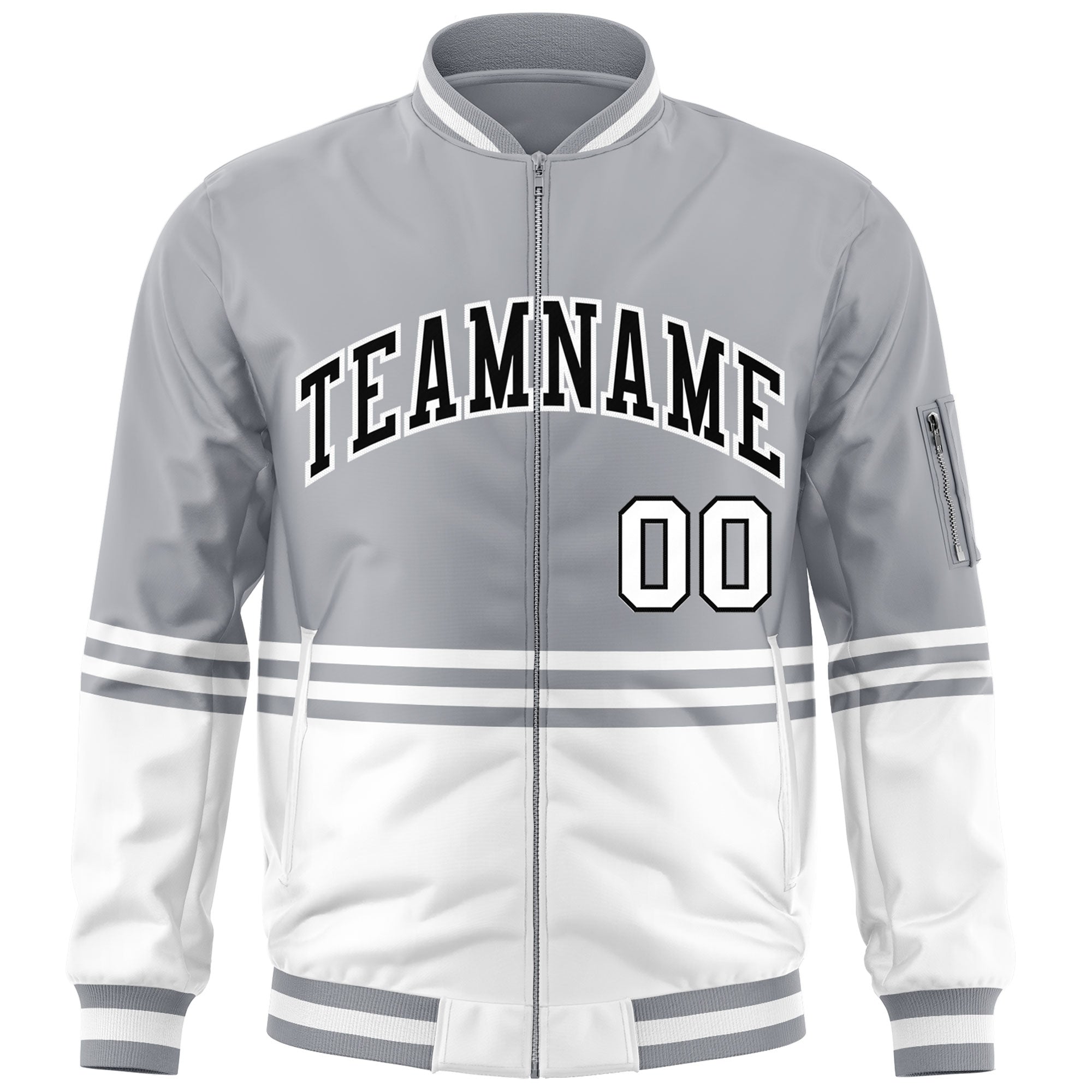 Custom Gray Black-White Varsity Full-Zip Color Block Letterman Bomber Jacket