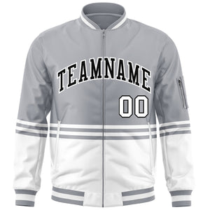 Custom Gray Black-White Varsity Full-Zip Color Block Letterman Bomber Jacket