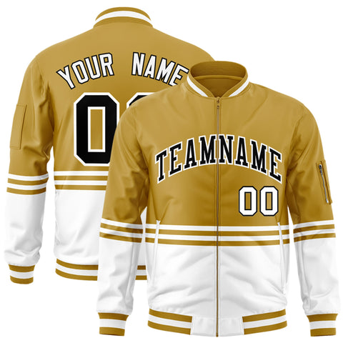 Custom Old Gold Black-White Varsity Full-Zip Color Block Letterman Bomber Jacket