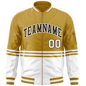 Custom Old Gold Black-White Varsity Full-Zip Color Block Letterman Bomber Jacket