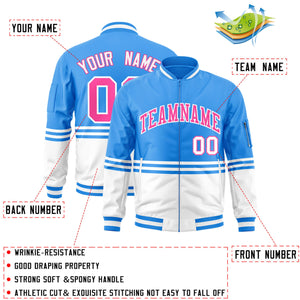 Custom Powder Blue Pink-White Varsity Full-Zip Color Block Letterman Bomber Jacket