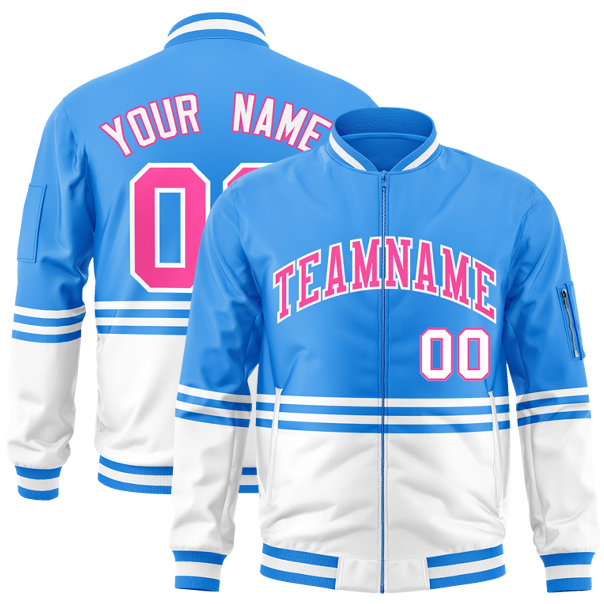 Custom Powder Blue Pink-White Varsity Full-Zip Color Block Letterman Bomber Jacket