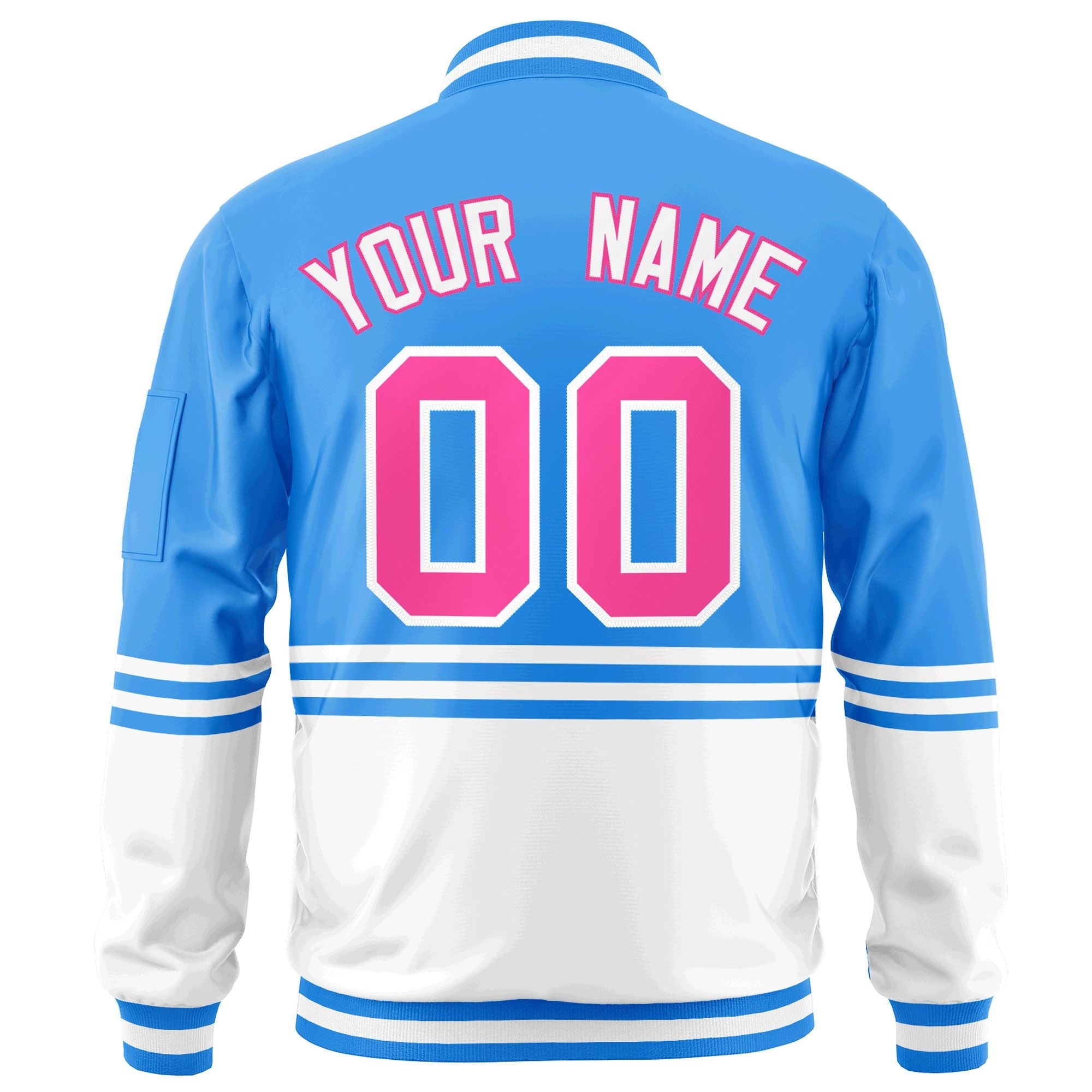 Custom Powder Blue Pink-White Varsity Full-Zip Color Block Letterman Bomber Jacket