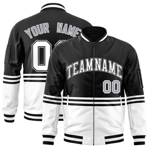 Custom Black White-Black Varsity Full-Zip Color Block Letterman Bomber Jacket