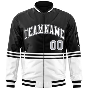 Custom Black White-Black Varsity Full-Zip Color Block Letterman Bomber Jacket